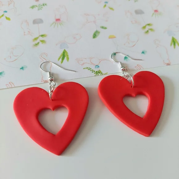Red Heart Polymer Clay Earrings - Picture 2 of 2
